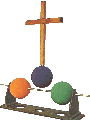 [Image of 2 balls threaded on a horizontal metal bar and one ball, which used to be between them, lifted away by the cross]